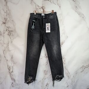 NWT Simple Society High Rise Straight Denim Black Jeans Button Fly Crop Frayed